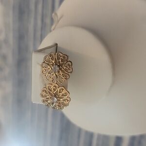Gold tone filigree heart shaped and clear crystal earrings